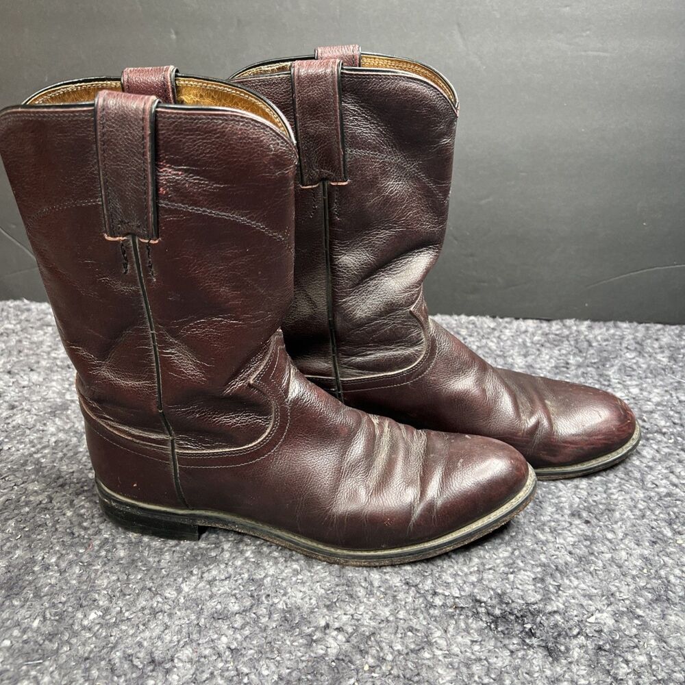 Justin Men's 3435 Brown Burgundy Leather Cowboy Roper Western Boots Sz 8.5 D